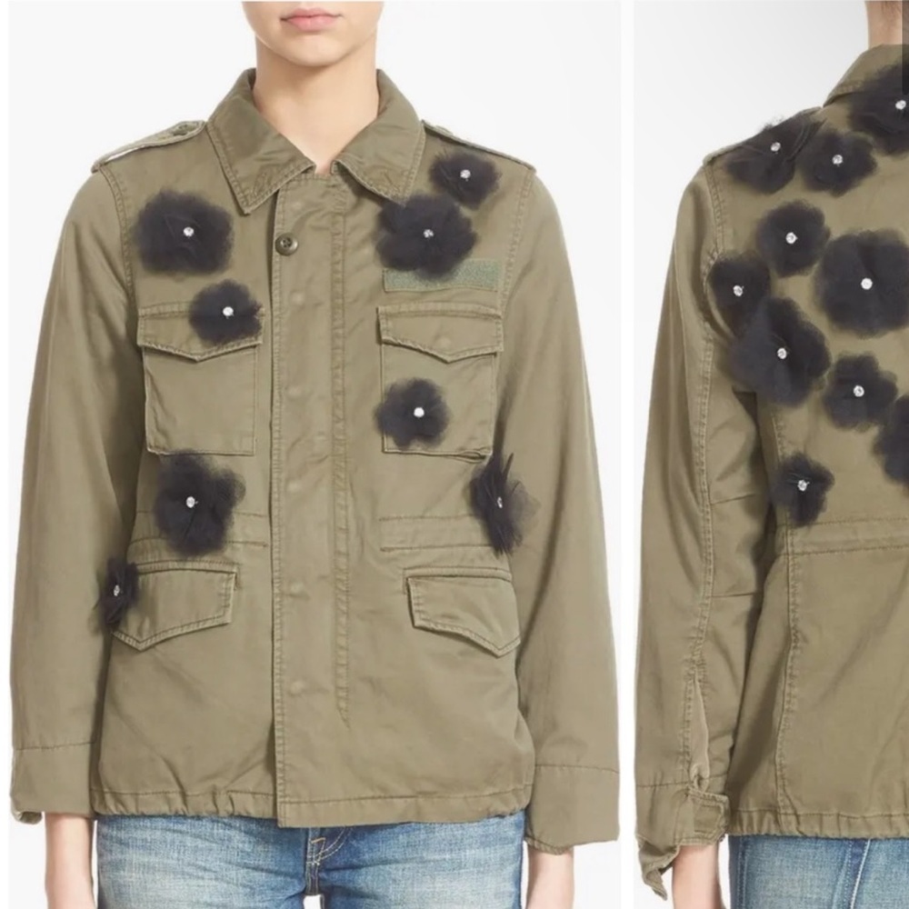 Tu Es Mon‎ Tresor Women’s Tulle Flower Army Green Military Utility Jacket Cotton